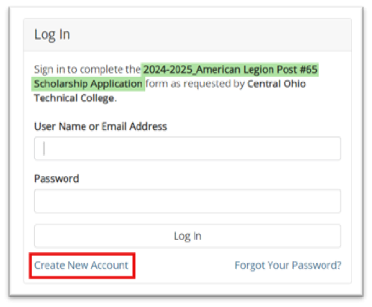 Screenshot of Dynamic Forms indicating a link to create a new account.