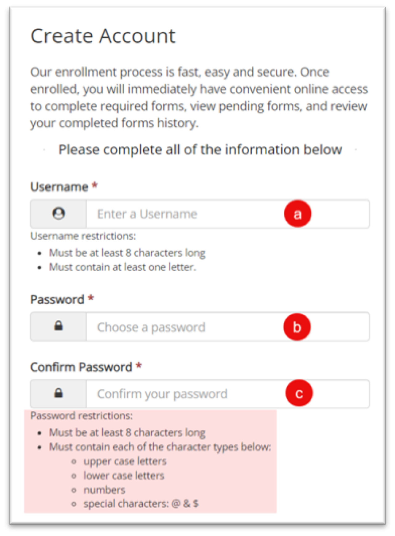 Screenshot of Dynamic Forms showing the username, password, and confirm password fields for creating a new account.. 