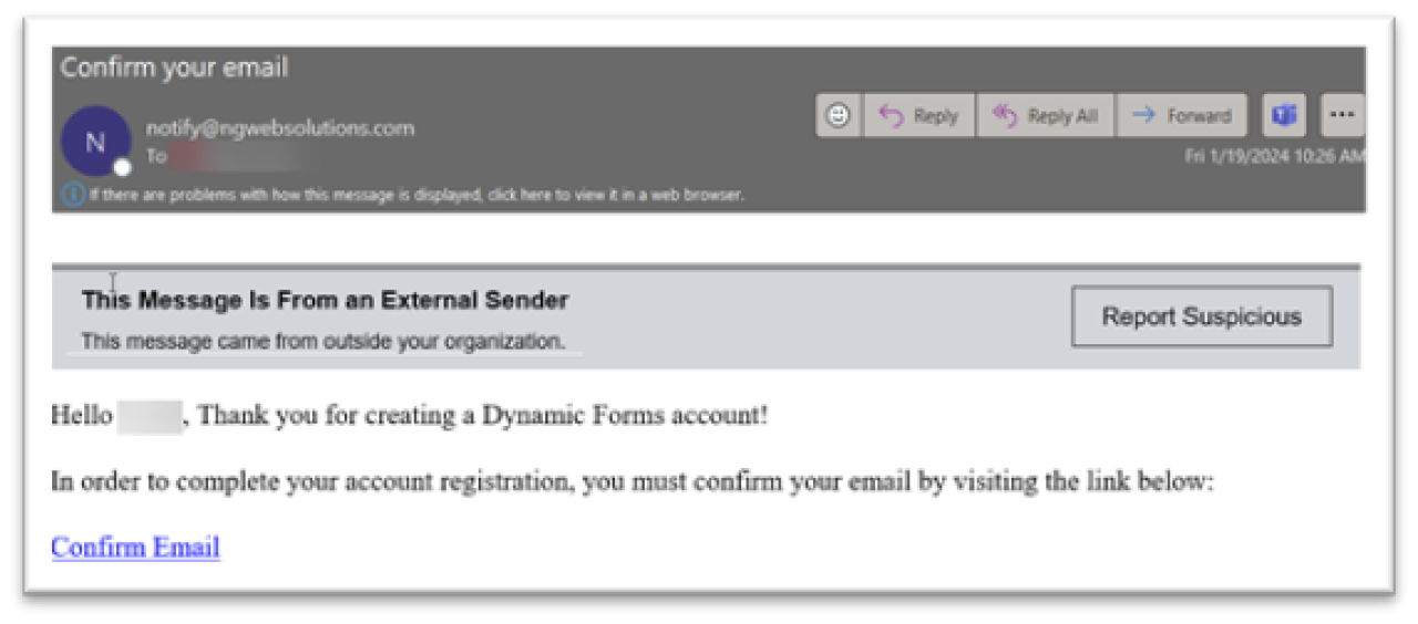 Screenshot of an email inbox with a message from Dynamic Forms including a link to confirm email.