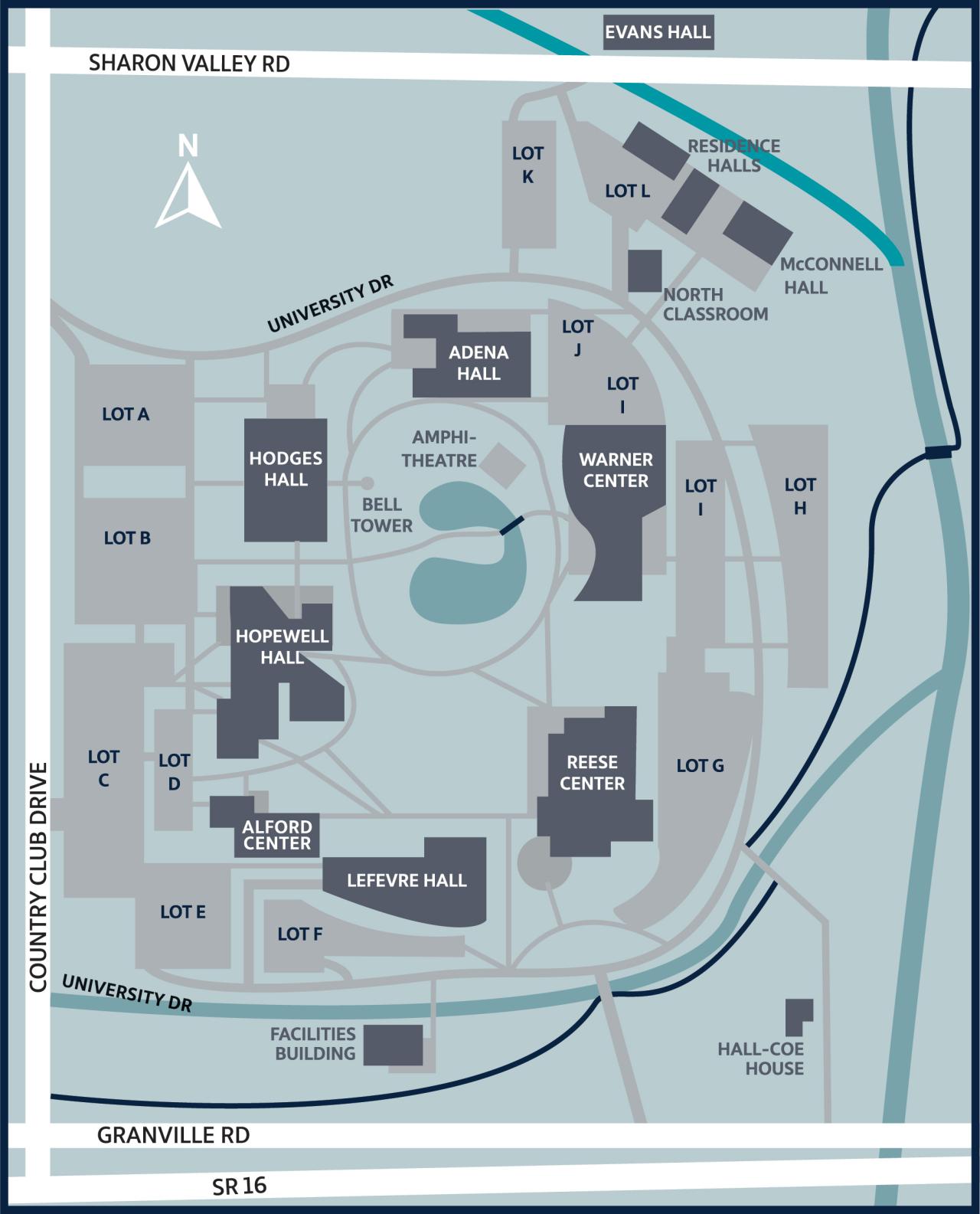 An illustration showing the location of each building. parking lot and road on the campus.