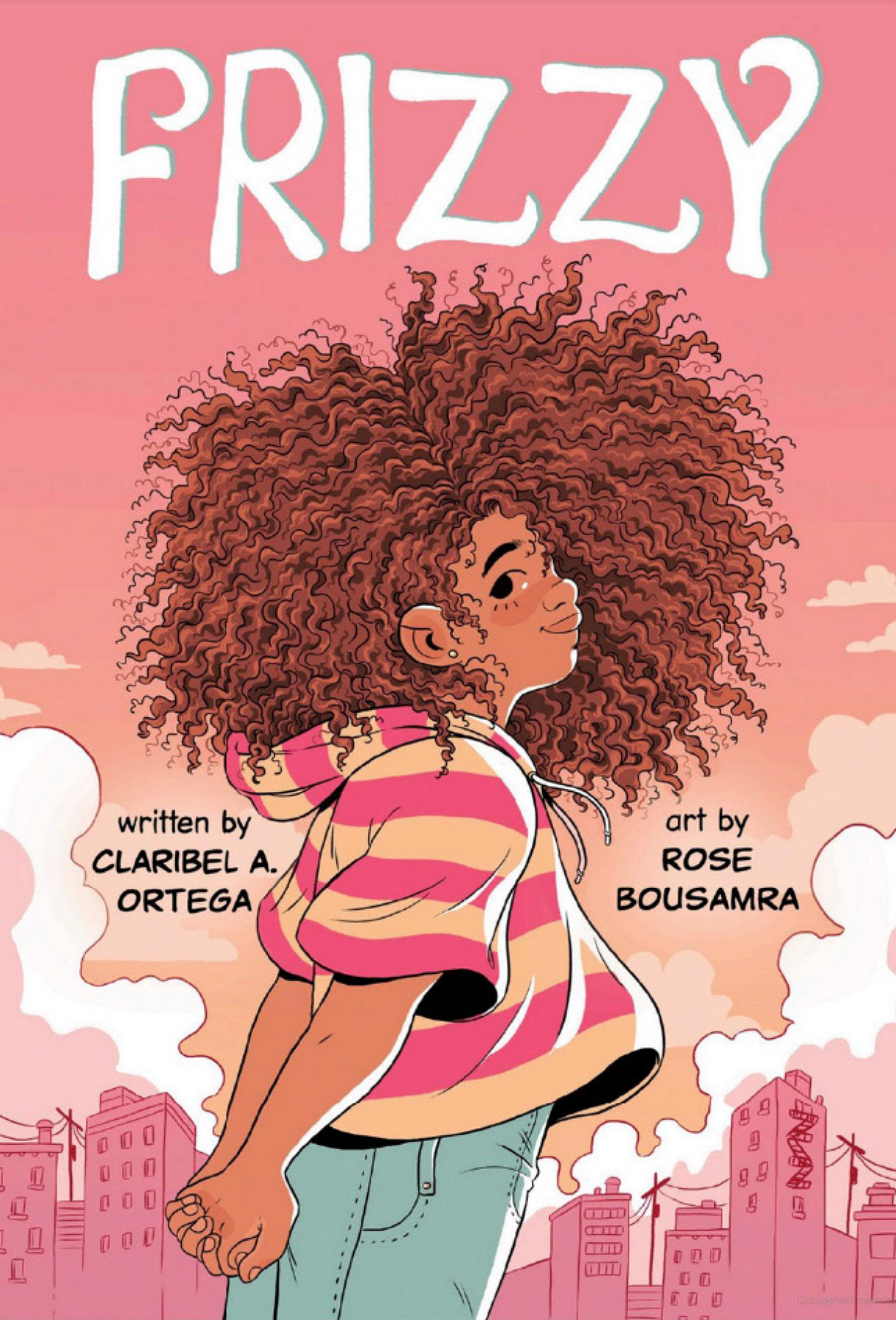 Book cover of children's book Frizzy featuring an illustration of a young African American girl with curly hair.