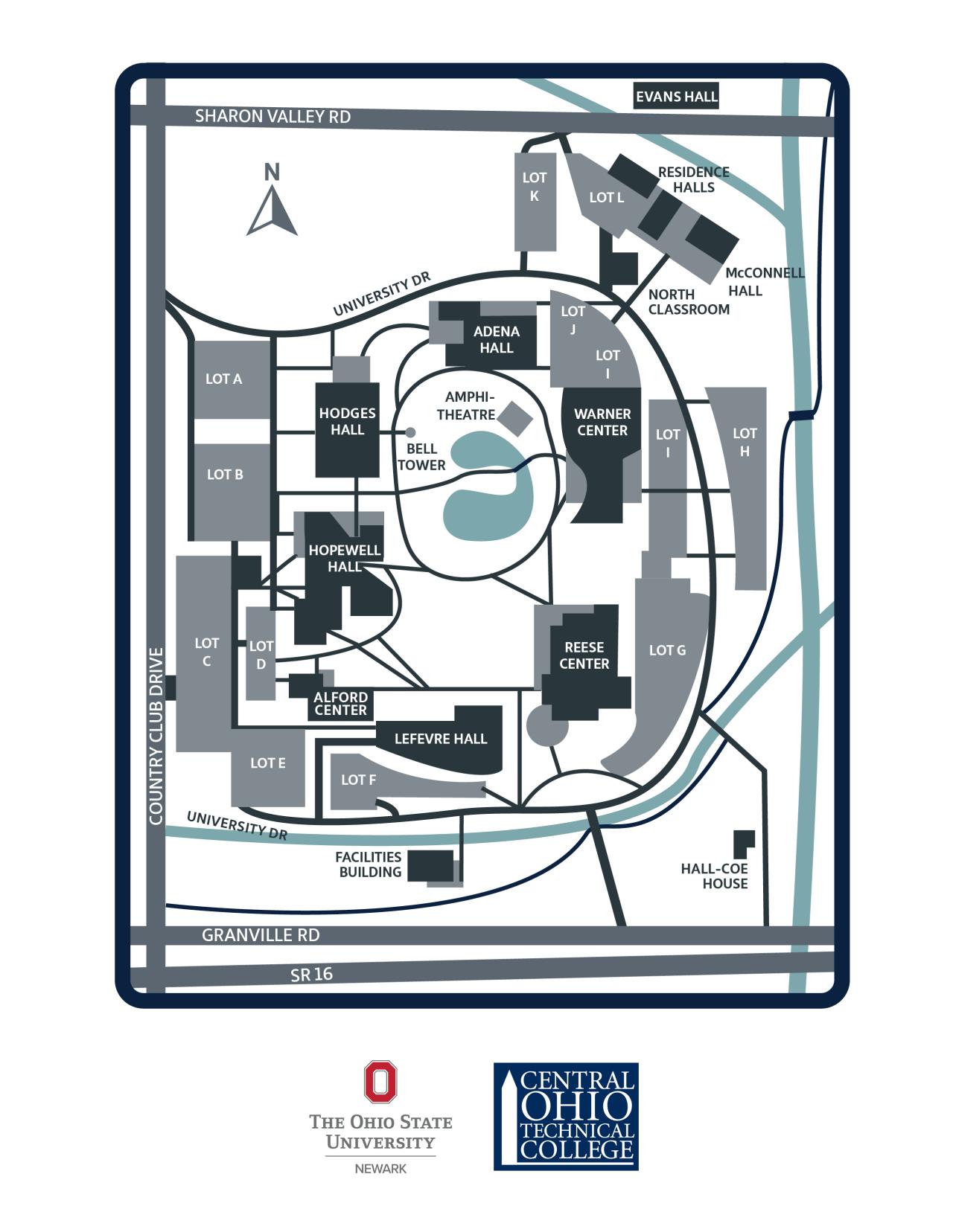 An illustration of the location of buildings and parking lots on campus.