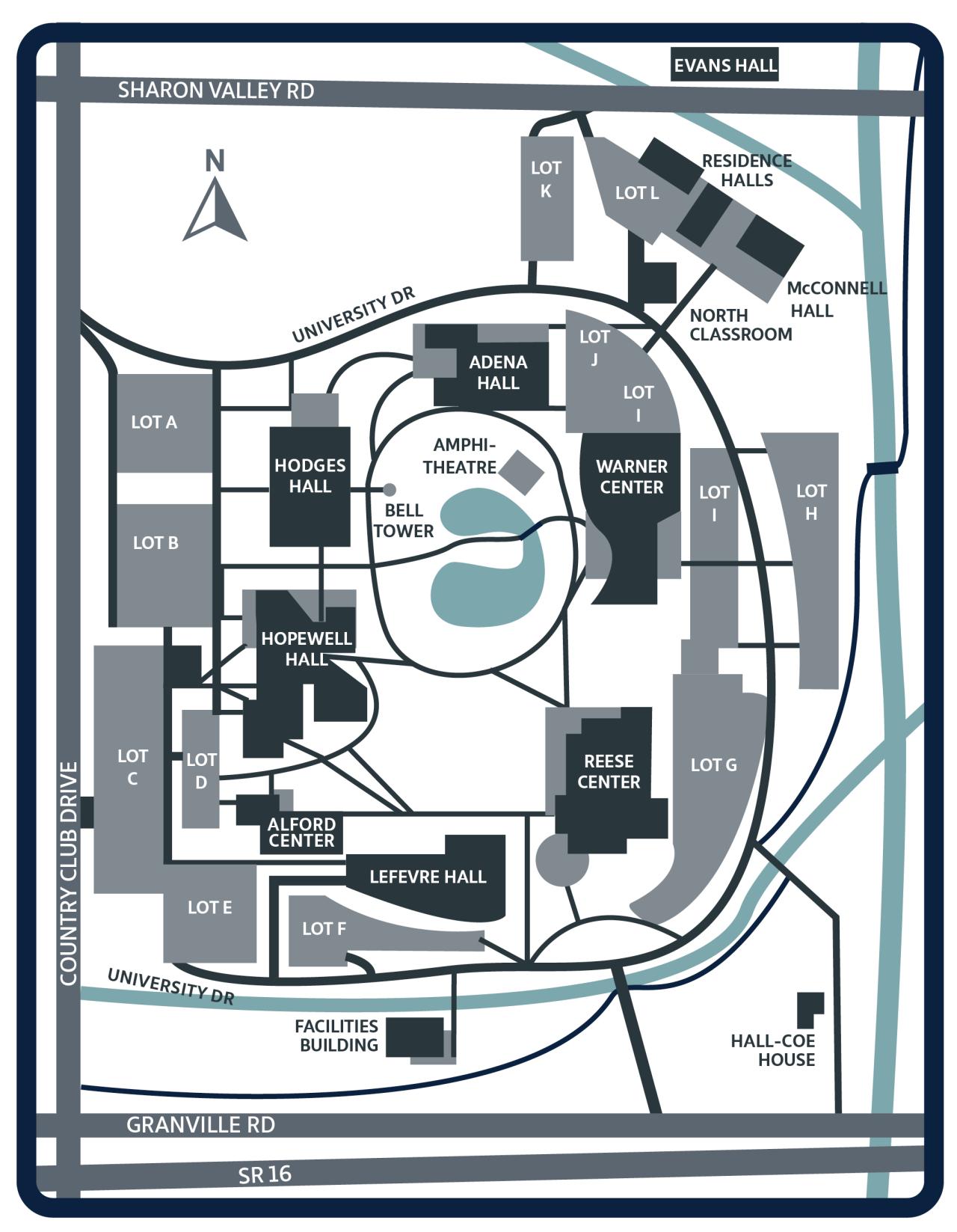 An illustration of the location of buildings and parking lots on campus.