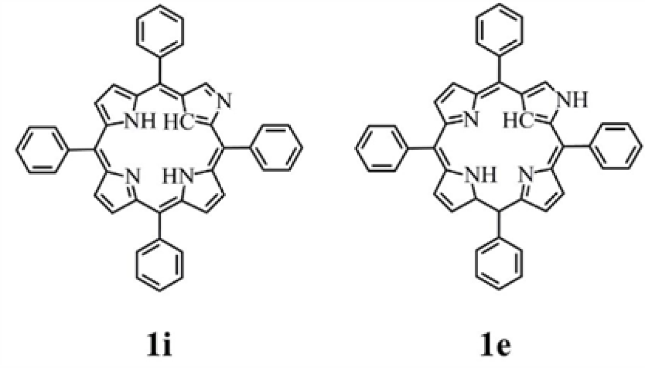 A graphic representing structures of tautomeric forms of N-confused tetraphenyl porphyrin 1i and 1e.
