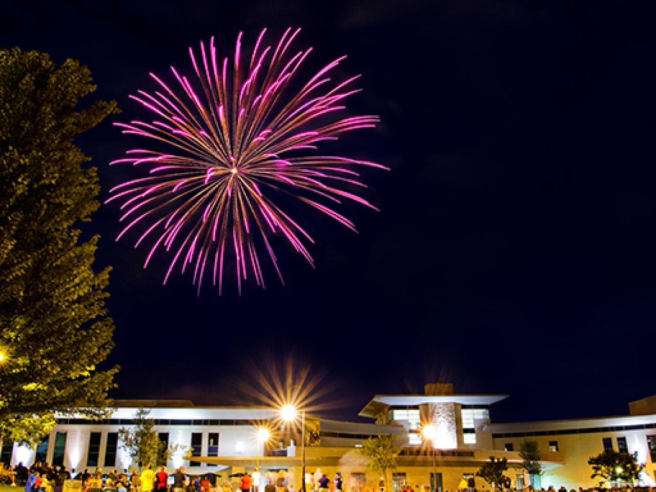 Purple and gold fireworks in the sky above the Newark Campus