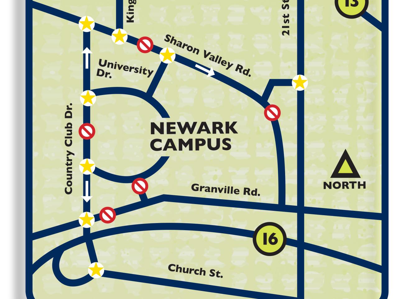 A map of the area around campus depicting traffic direction, road closures and officer locations.