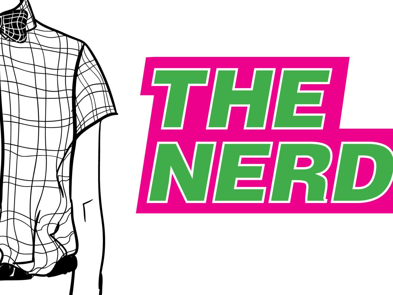A black and white drawing of a plaid shirt with a bowtie next to the play title "The Nerd."