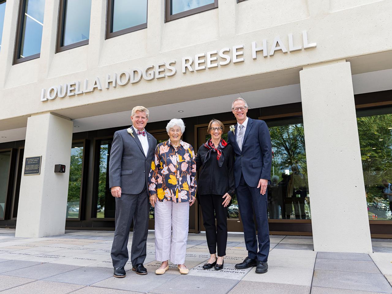 COTC President John Berry, Louella Reese, Sarah Reese Wallace and Ohio State Newark Dean Bill MacDonald stand outside Hodges Hall.