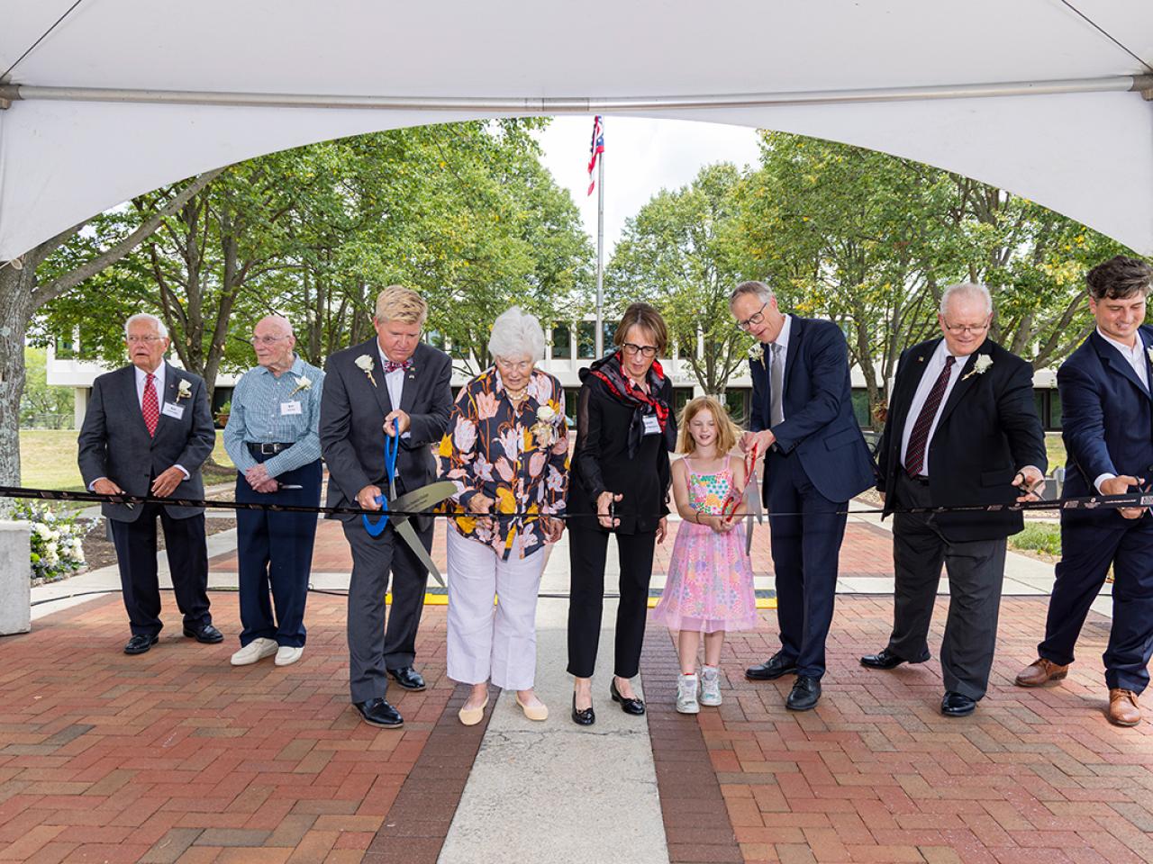 Louella Reese, Sarah Wallace Reese, COTC President John Berry, Ohio State Newark Dean Bill MacDonald cut the ribbon at the ribbon cutting ceremony of the newly renovated Hodges Hall.