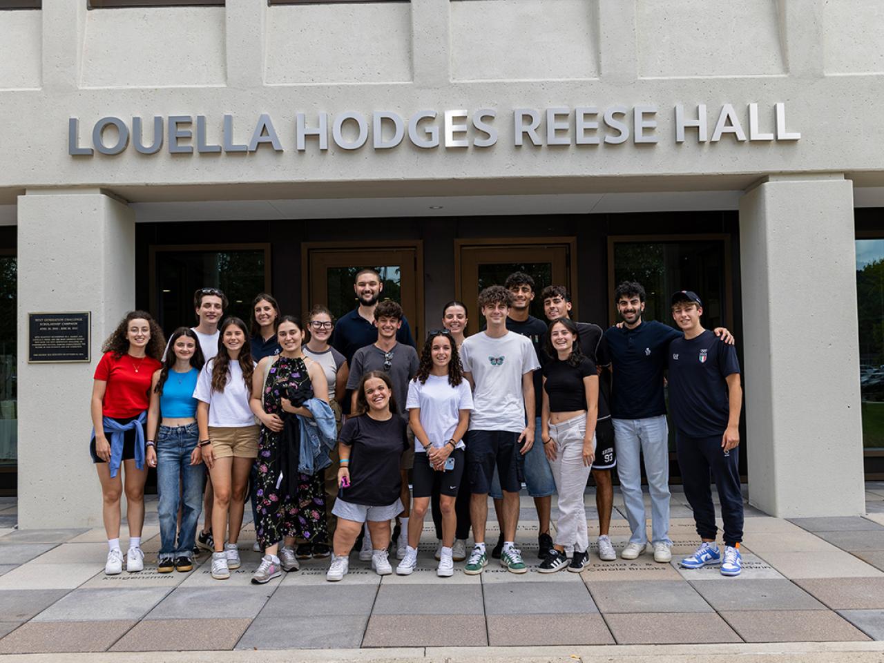 Portrait of students from Italy participating in the Italian Immersion program funded by the Reese Family Foundation at the ribbon cutting ceremony of the newly renovated Hodges Hall.