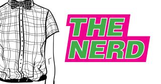 A black and white drawing of a plaid shirt with a bowtie next to the play title "The Nerd."