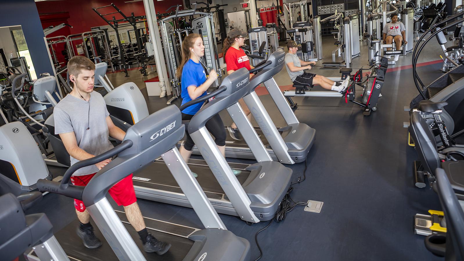 Three students use treadmills while one two others use weight equipment in the Adena Recreation Center.