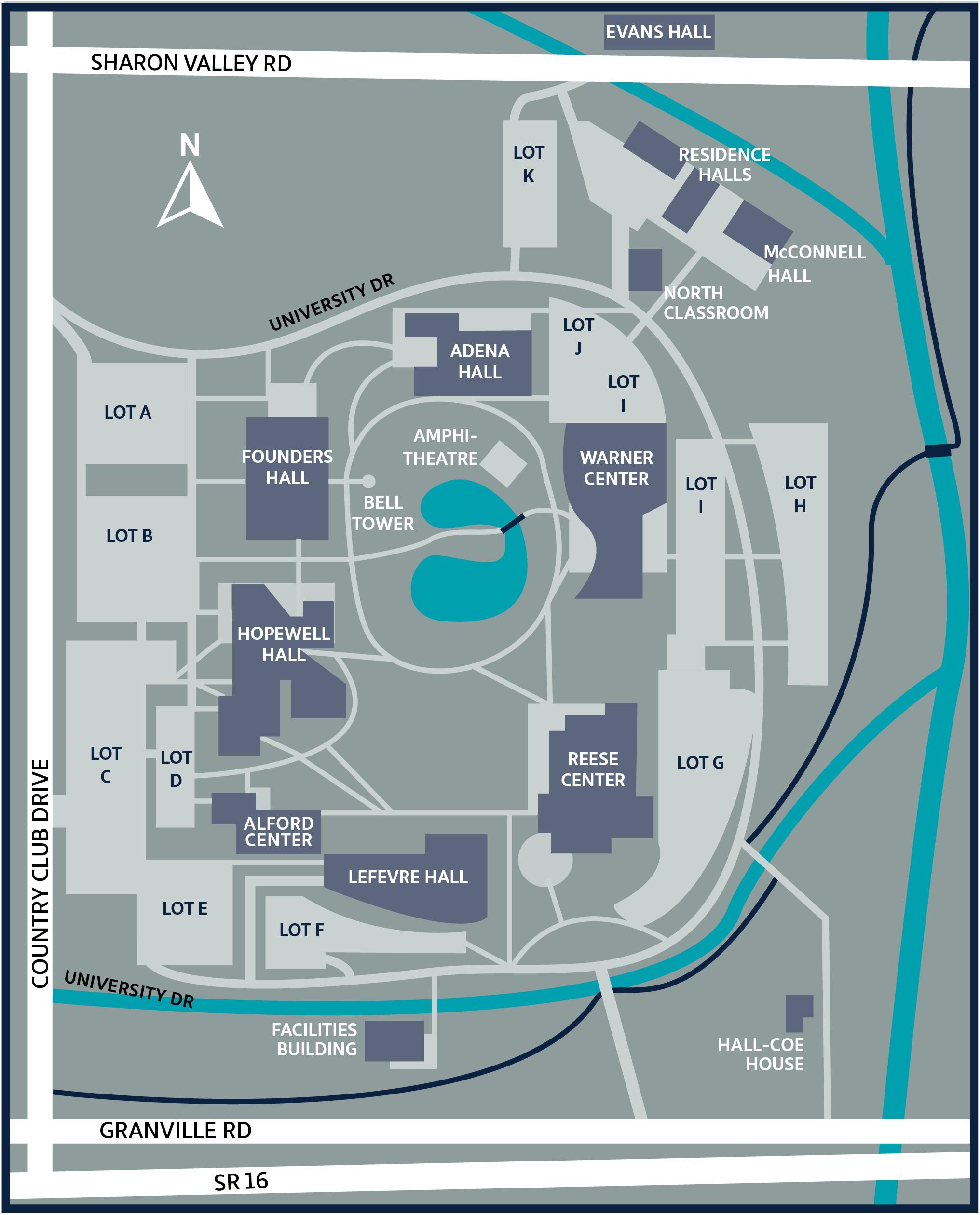 A map depicting the buildings and parking lots on the Newark campus.