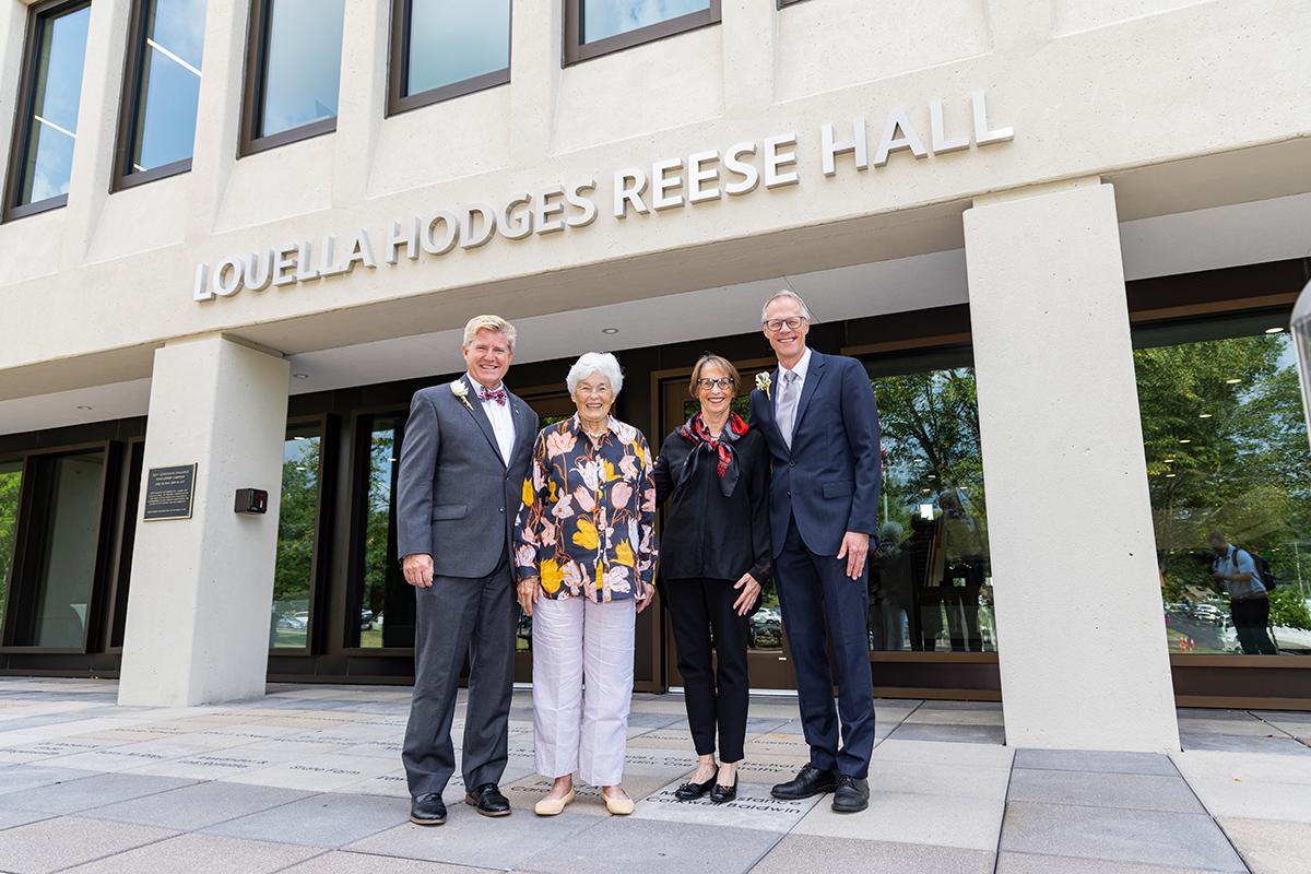 COTC President John Berry, Louella Reese, Sarah Reese Wallace and Ohio State Newark Dean Bill MacDonald stand outside Hodges Hall.