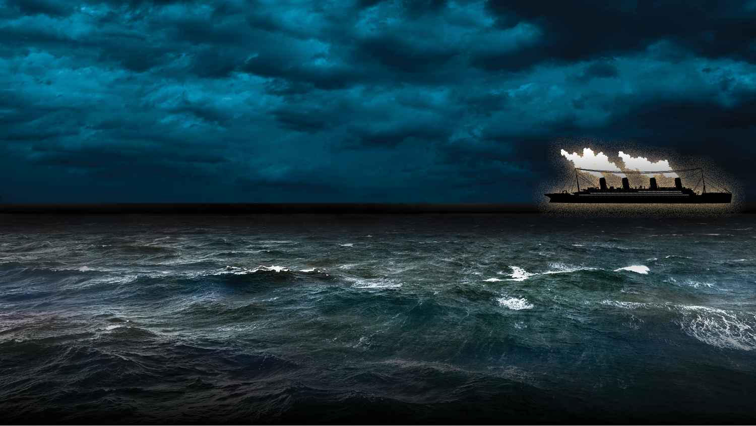 A ship sails on rough ocean water on a dark and gloomy night.