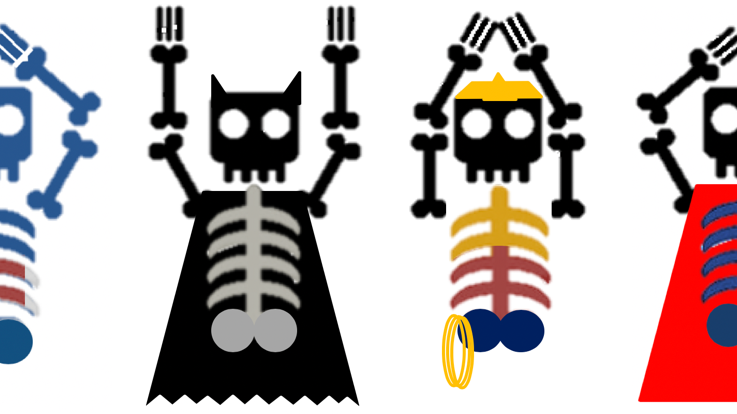 Skeletons wearing capes and colors to represent super heroes form the letters O, H, I and O with their arms.
