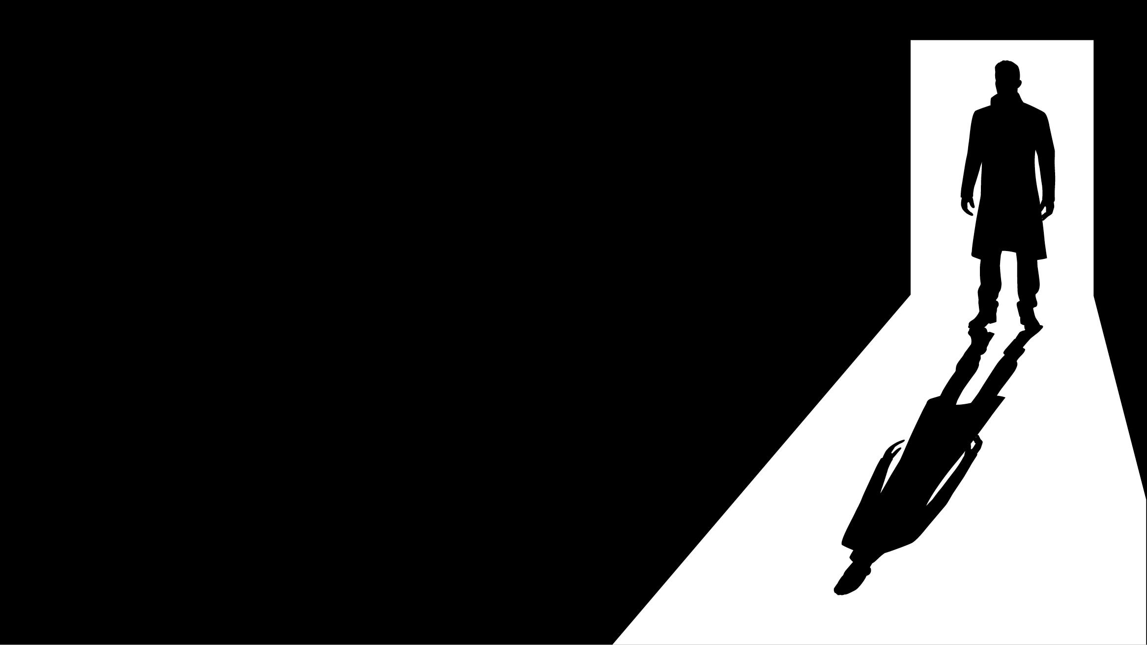 A black silhouette of a person wearing a long coat stands in a sharply defined white doorway on a solid black background.
