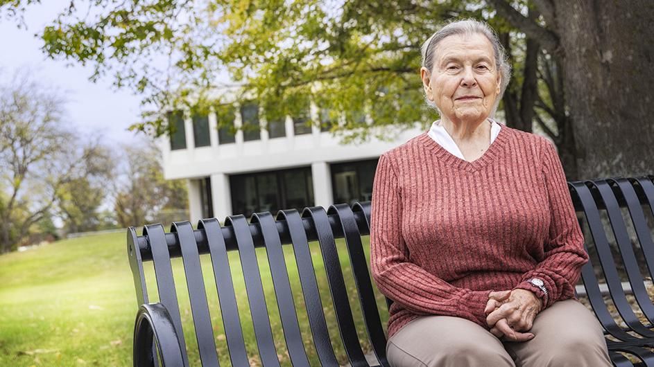 Portrait of Sara Staats outside Founders Hall on the campus of Ohio State Newark.