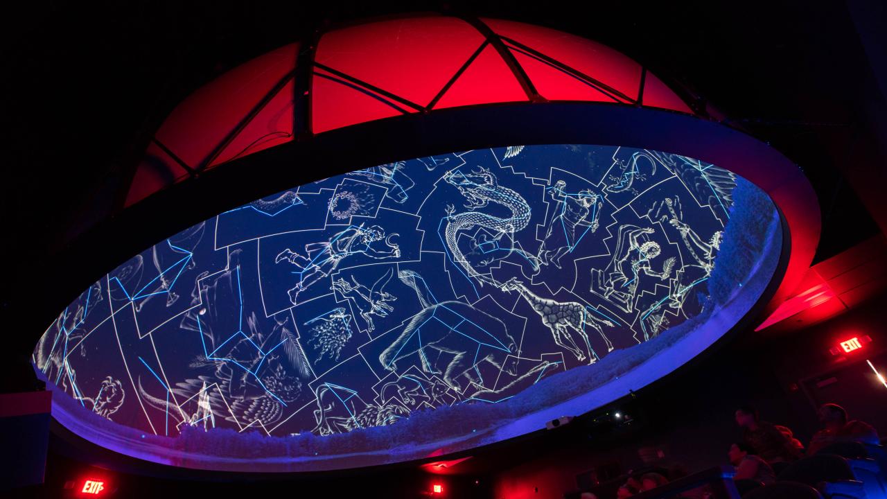 The dome of the SciDome planetarium is lit with constellations.