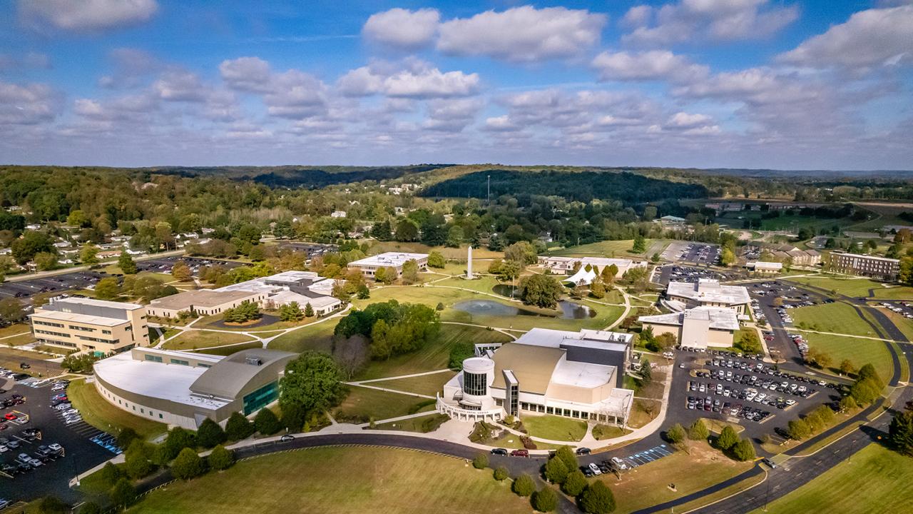 An aerial view of campus.