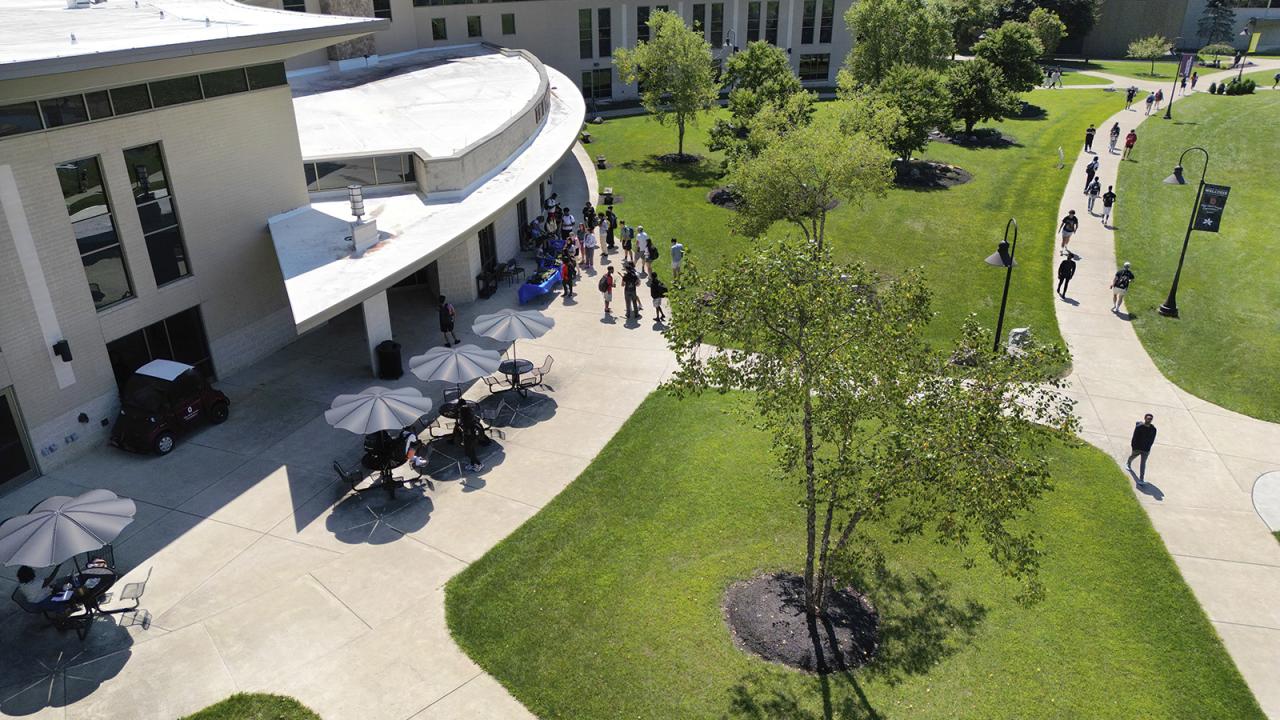 An aerial view of the back patio of the Warner Center.