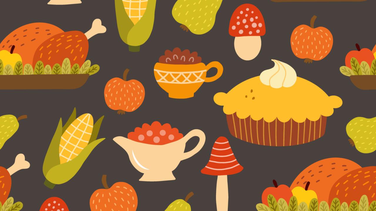 An illustrated pattern of turkey, corn, pie, pears, mushrooms and Thanksgiving-related food.