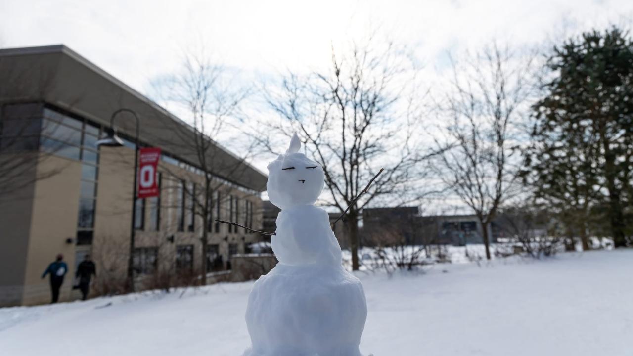 A snowman on campus. 