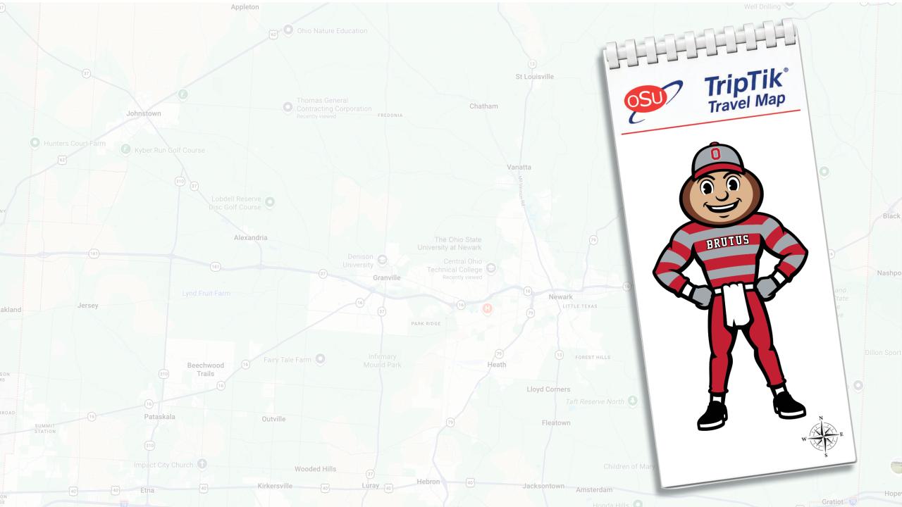 A notebook resembling a TripTik with Brutus Buckeye on the cover is on top of a map background. 